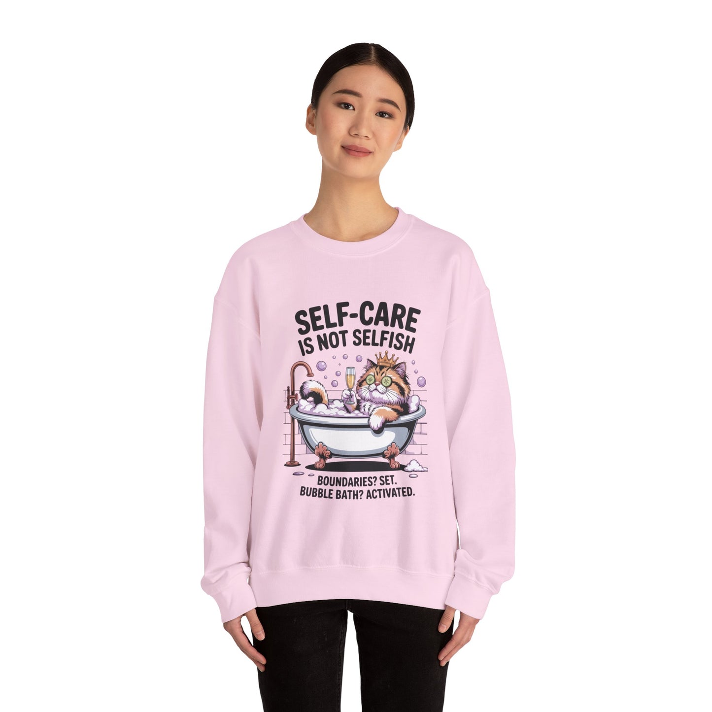 Womens Crewneck Sweatshirt, Self-Care Cat Shirt, Funny Cat Tee, Relaxing Kitty Graphic, Self Care Is Not Selfish Womens Sweatshirt