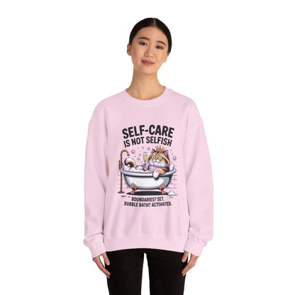 Womens Crewneck Sweatshirt, Self-Care Cat Shirt, Funny Cat Tee, Relaxing Kitty Graphic, Self Care Is Not Selfish Womens Sweatshirt