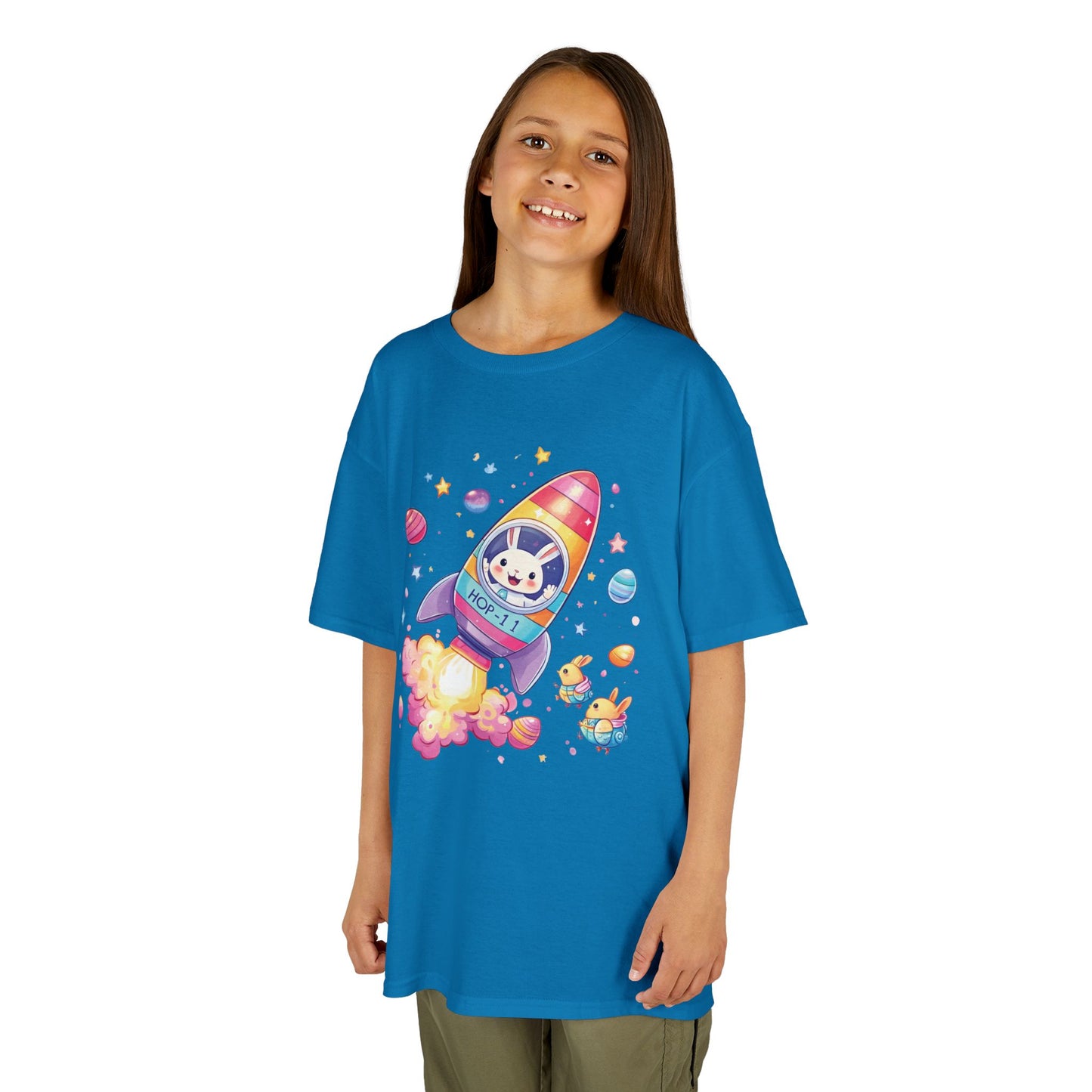 Easter Astronaut Bunny Kids T-Shirt - Cute Space Rocket Bunny with Colorful Eggs, Fun Spring Tee for Boys and Girls, Holiday Gift Idea