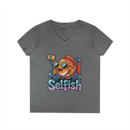 Ladies' V-Neck T-Shirt, Funny Selfie Fish Graphic Womens Tee, Playful Pun Gift for Her, Summer Vibes, Unique Beach Shirt, Outdoor Adventures