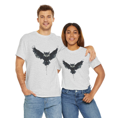 Cool Owl Graphic Unisex Heavy Cotton Tee, Flying Owl Ink Art T-Shirt, Nature Lover Gift, Animal Print Tee, Gothic Bird Graphic Tee