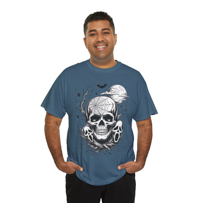 Men's Gothic Skull T-Shirt, Halloween Graphic Tee, Spider Web & Moon Horror Shirt, Spooky Skull Graphic Top for Him