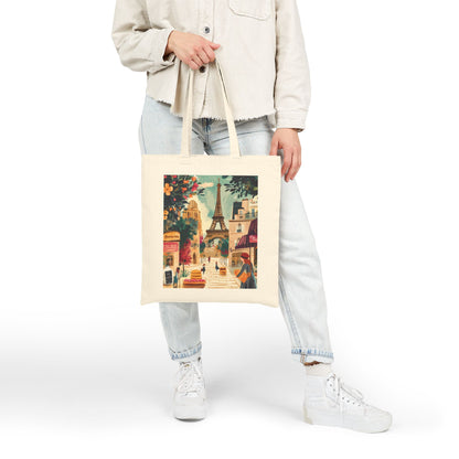 Parisian Scene Cotton Canvas Tote Bag, Eco-Friendly Shopping Tote, Travel Bag, Gift for Her, Fashionable Carryall