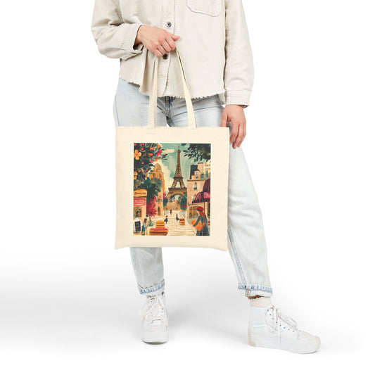 Parisian Scene Cotton Canvas Tote Bag, Eco-Friendly Shopping Tote, Travel Bag, Gift for Her, Fashionable Carryall