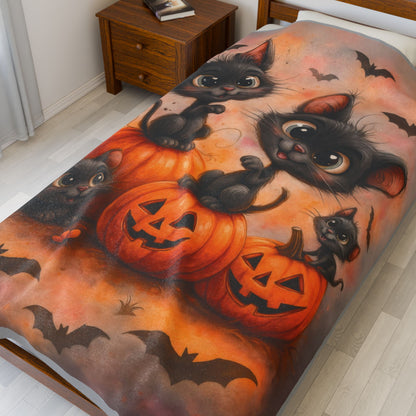 Cute Black Cats and Pumpkins Halloween Velveteen Plush Blanket, Cozy Fall Throw, Soft Cat Lover Gift, Kawaii Halloween Decor