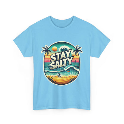 Stay Salty Retro Surf Unisex Heavy Cotton Tee, Vintage Beach Sunset Graphic T-Shirt, Summer Ocean Wave Surfer Shirt, Ocean Lover Gift