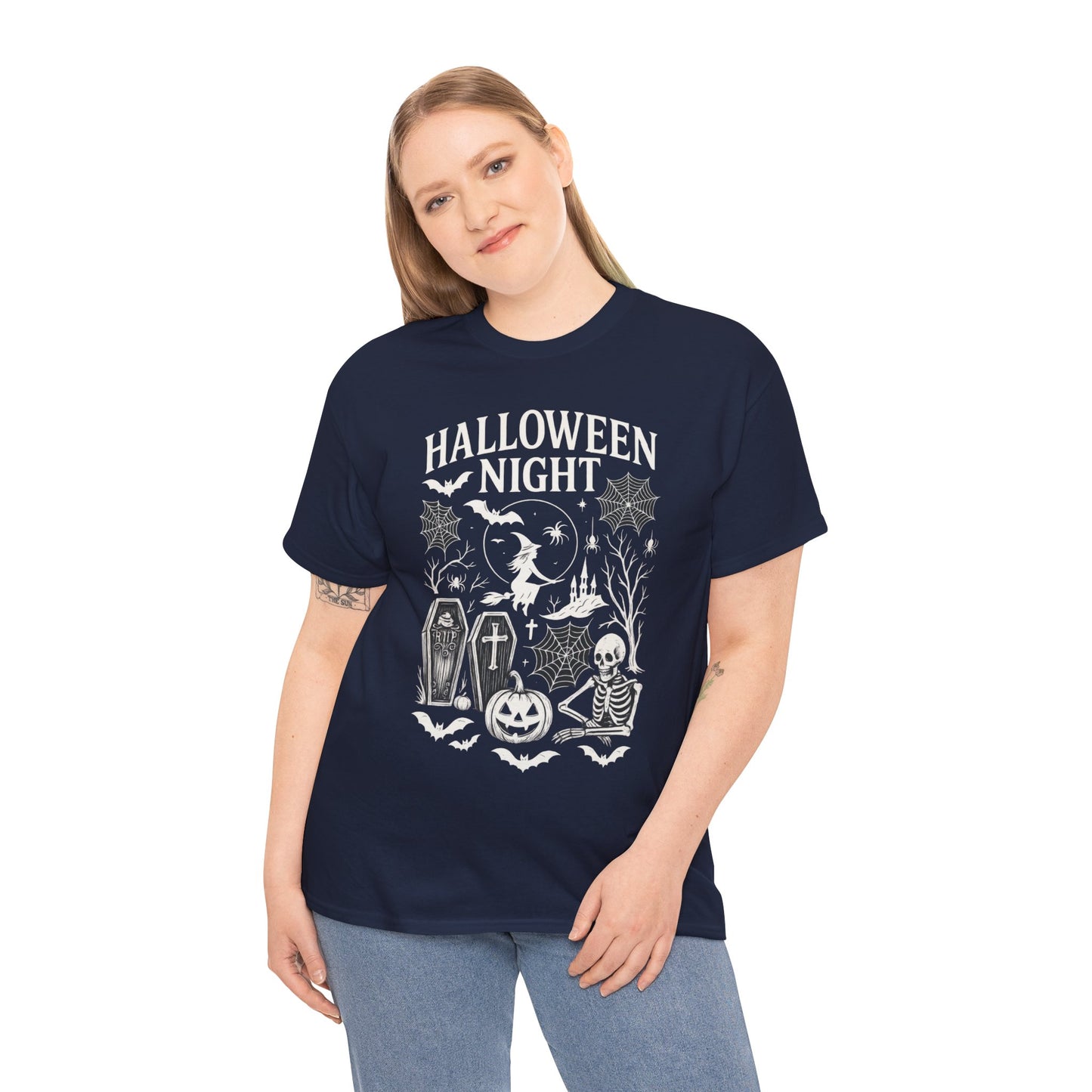 Halloween Night Women's T-Shirt, Gothic Witch Skeleton Pumpkin Tee, Spooky Scary Shirt for Halloween Party