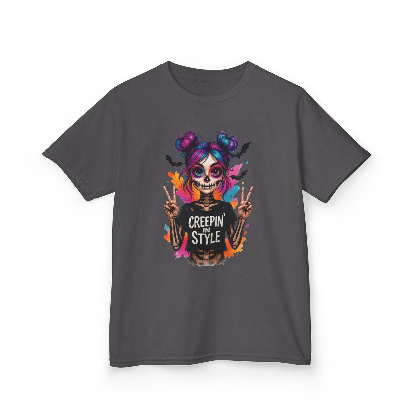 Creepin' in Style Kids Halloween T-Shirt, Colorful Skeleton Girl Design, Cute Spooky Shirt for Trendy Girls