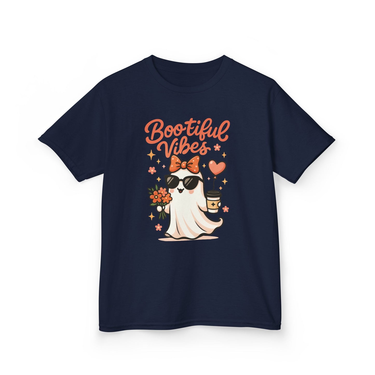 Girls Halloween Ghost T-Shirt, Cute Bootiful Vibes Tee for Kids, Fun Spooky Season Shirt, Tween Girl Outfit Gift, Kids Heavy Cotton™ Tee