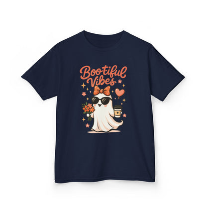 Girls Halloween Ghost T-Shirt, Cute Bootiful Vibes Tee for Kids, Fun Spooky Season Shirt, Tween Girl Outfit Gift, Kids Heavy Cotton™ Tee