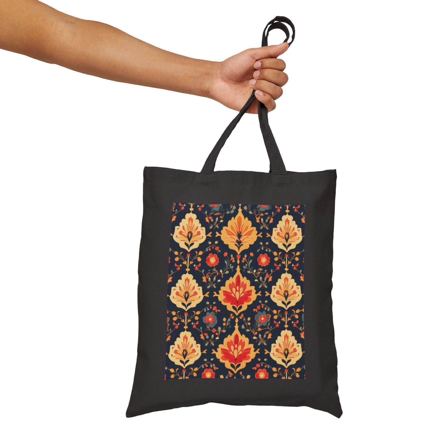 Chic Floral Cotton Canvas Tote Bag, Eco-Friendly Shopping Bag, Gift for Her, Reusable Grocery Tote, Traditional Turkish Carpet Pattern
