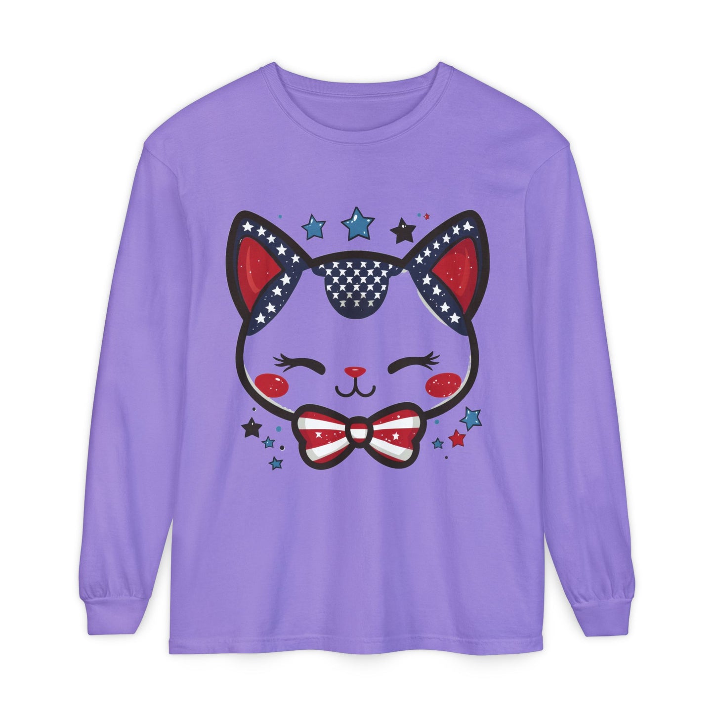 Cute Patriotic Cat Long Sleeve Women's T-Shirt, Fourth of July, Cat Lovers Gift, Casual Wear, Perfect for Holidays and Celebrations