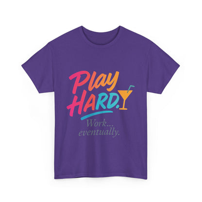 Play Hard Work Eventually T-Shirt, Funny Cocktail Graphic Tee, Pink Womens Party Shirt, Relaxed Vacation Top