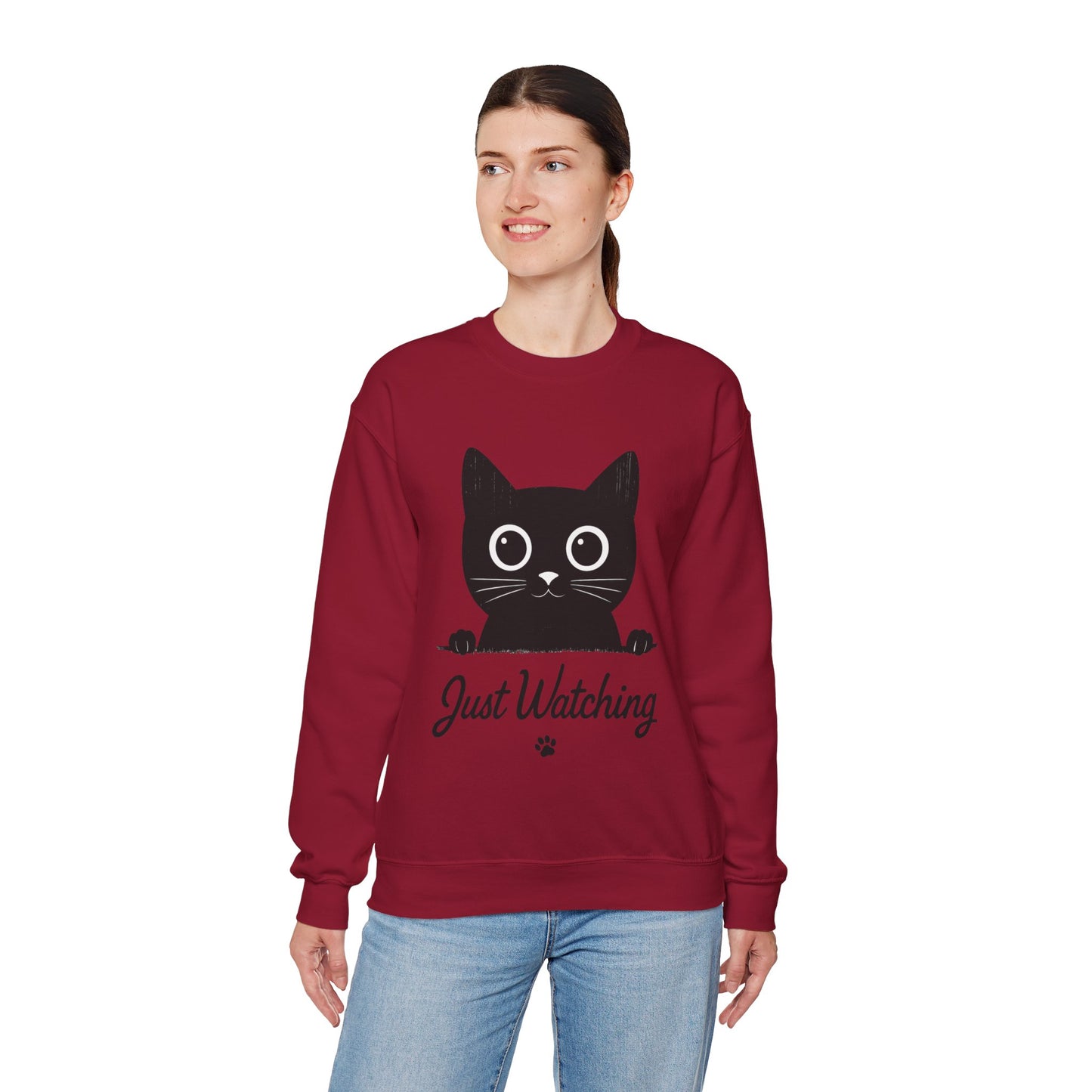 Funny Black Cat Womens Crewneck Sweatshirt - Just Watching Minimalist Kitty Pullover - Cozy Cat Lover Gift, Pet Owner Apparel