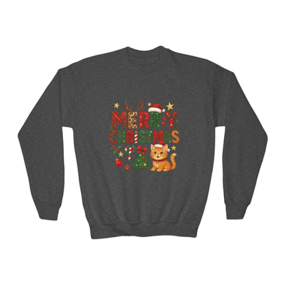 Merry Christmas Cat Sweatshirt for Girls, Cozy Holiday Kitten Jumper, Youth Crewneck Sweatshirt