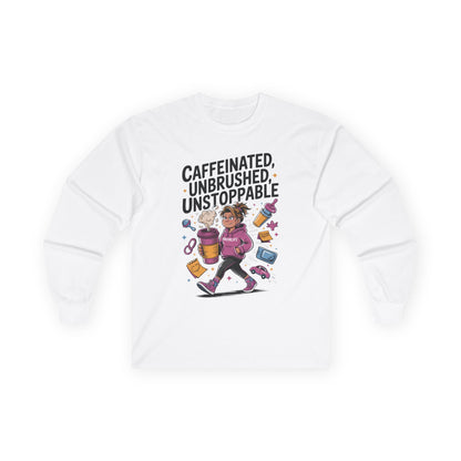 Caffeinated Mom Long Sleeve, Mother's Day Gift,New Mother Tired Mother Gift, Coffee Lover Gift, Coffee Addict Mom Long Sleeve Tee