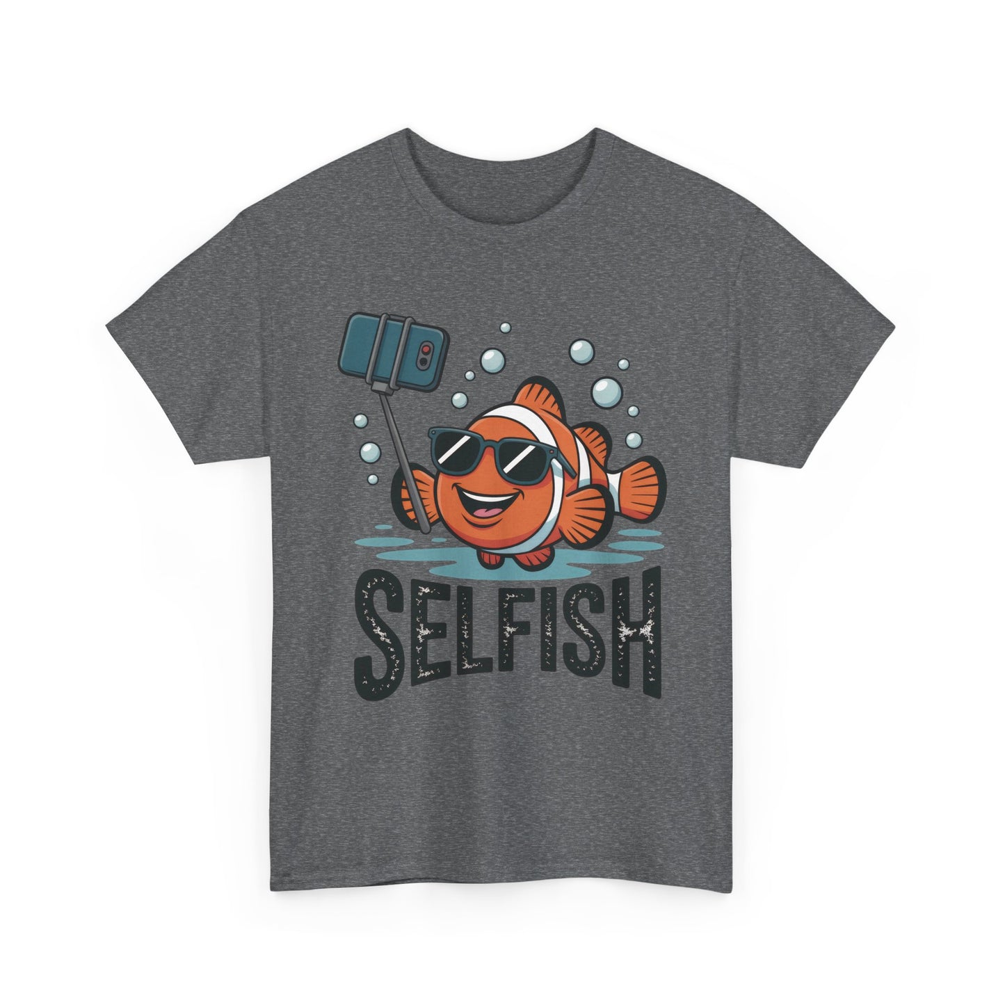 Unisex Heavy Cotton Tee, Mens Selfish Funny Fish T-Shirt, Cute Selfie Graphic Tee, Ocean Humor Shirt