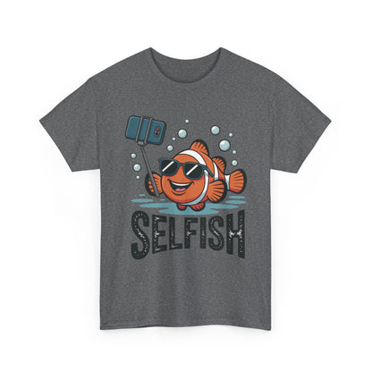 Unisex Heavy Cotton Tee, Mens Selfish Funny Fish T-Shirt, Cute Selfie Graphic Tee, Ocean Humor Shirt