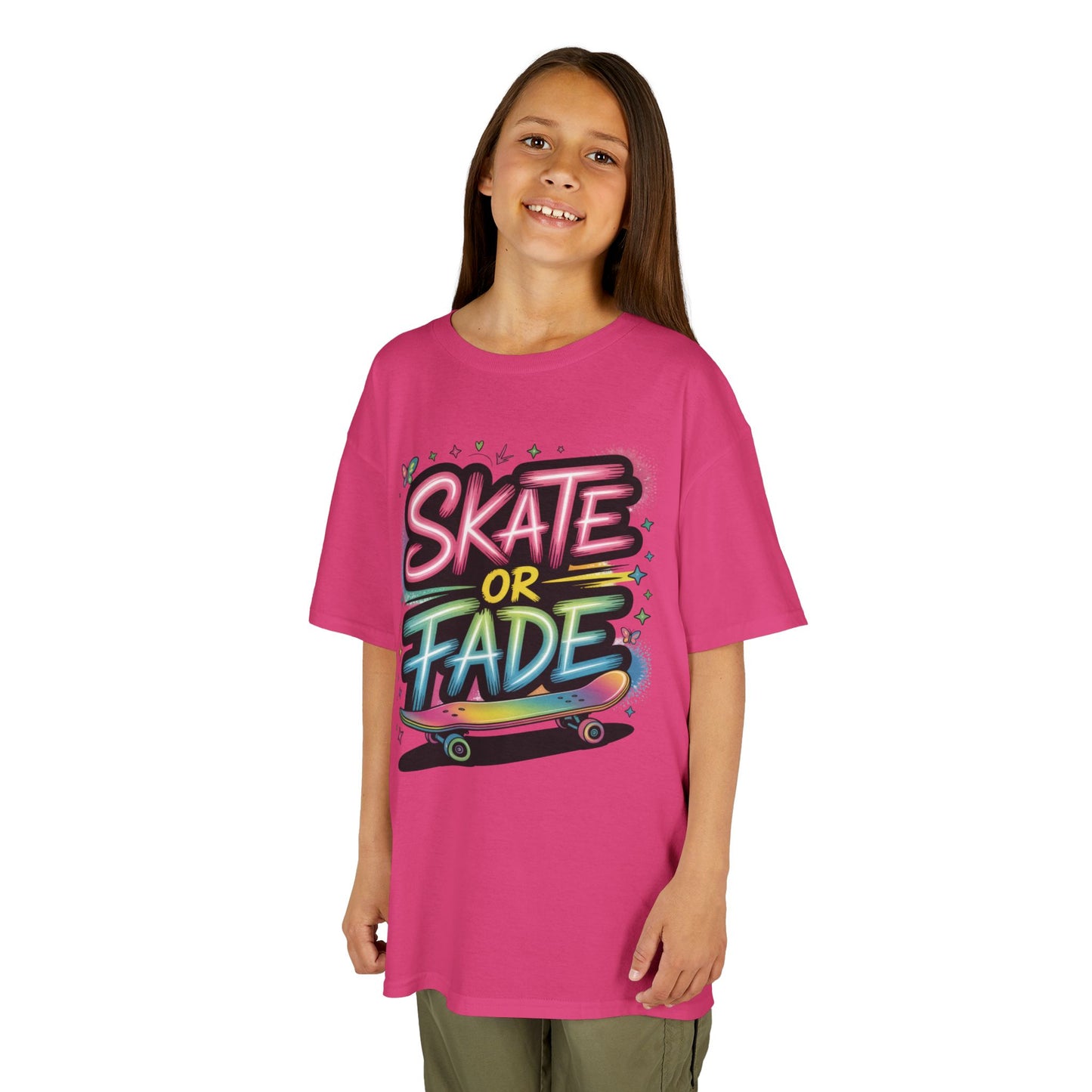 Skate Or Fade Girls Shirt, Colorful Graffiti Skateboarding Tee, Kids Heavy Cotton™ Tee
