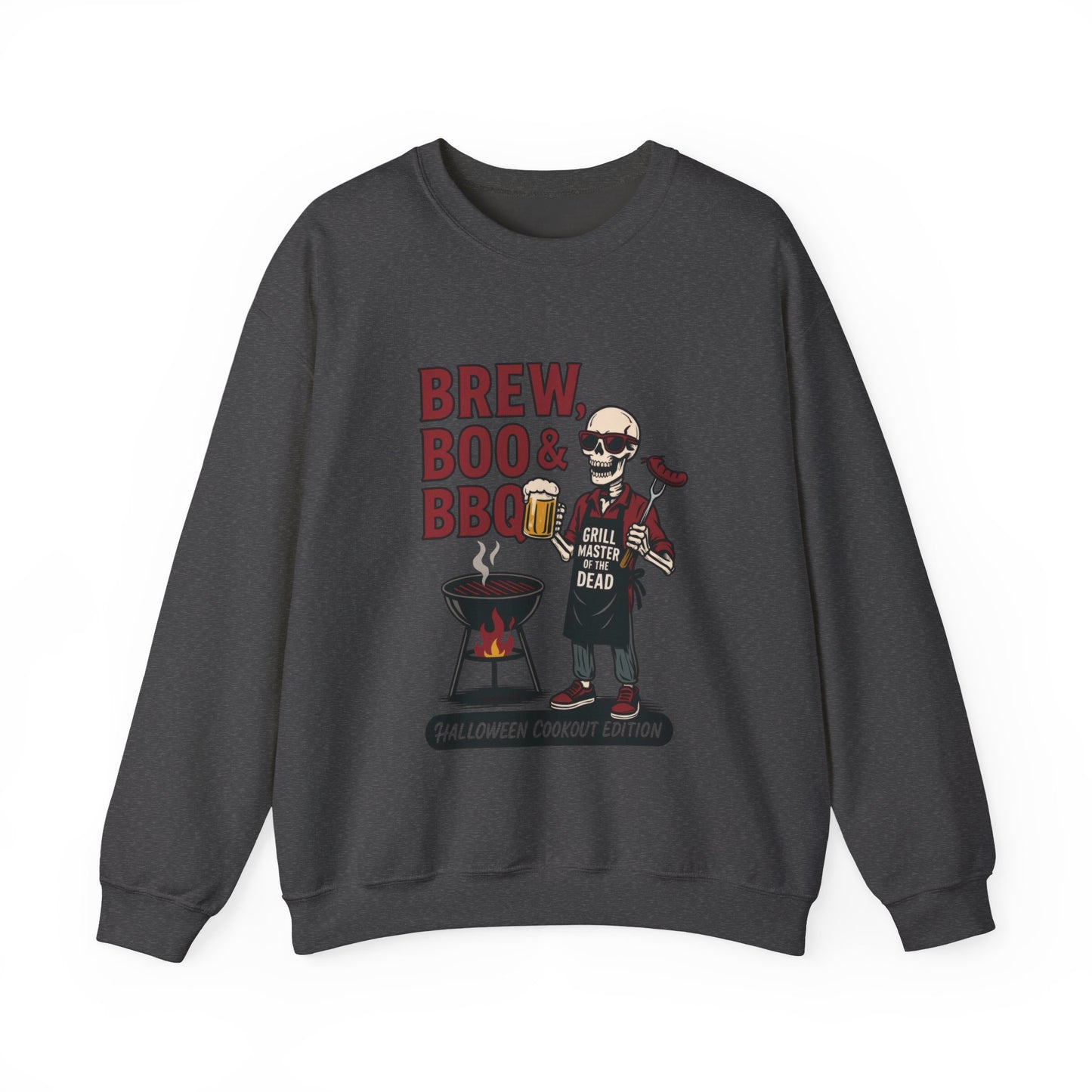 Halloween BBQ Men's Sweatshirt, Brew Boo & BBQ Skeleton Grill Master, Spooky Dad Gift, Skeleton Dad Sweat, Grill Master Crew