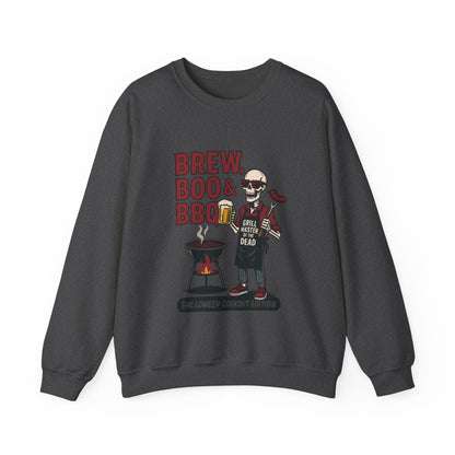 Halloween BBQ Men's Sweatshirt, Brew Boo & BBQ Skeleton Grill Master, Spooky Dad Gift, Skeleton Dad Sweat, Grill Master Crew