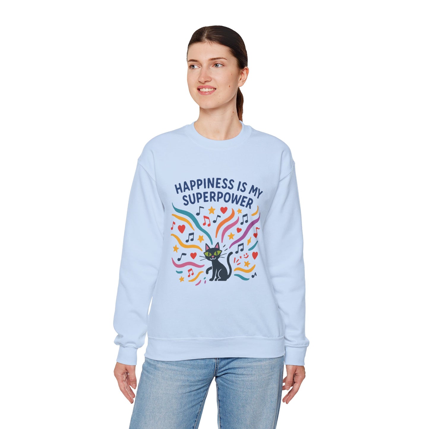Playful Cat Crewneck Womens Sweatshirt, Happiness is My Superpower, Cozy Sweatshirt, Gift for Cat Lovers, Fun Casual Style, Unique Animal Design