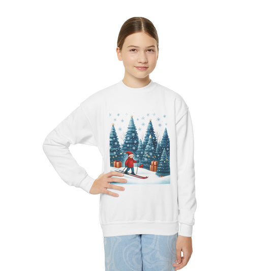 Kids Christmas Skiing Sweatshirt, Cute Holiday Winter Pullover, Youth Crewneck Sweatshirt