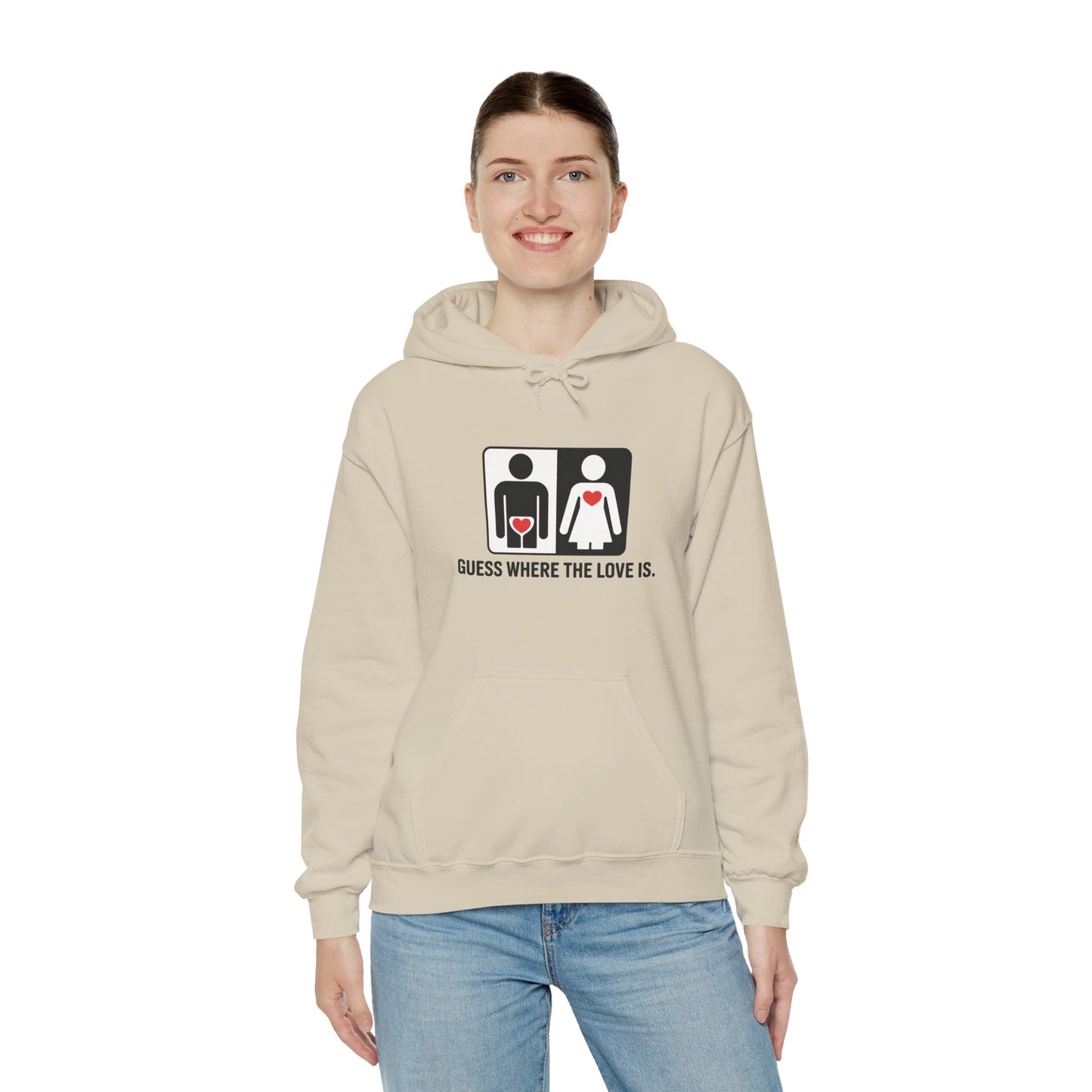 Cute Guess Where The Love Is Mens Hoodie, Sweatshirt for Couples, Valentines Day Gift, Relationship Humor Hoodie, Bold Love Joke Hoodie