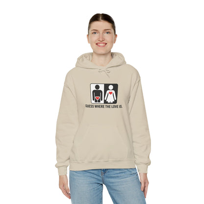 Cute Guess Where The Love Is Mens Hoodie, Sweatshirt for Couples, Valentines Day Gift, Relationship Humor Hoodie, Bold Love Joke Hoodie