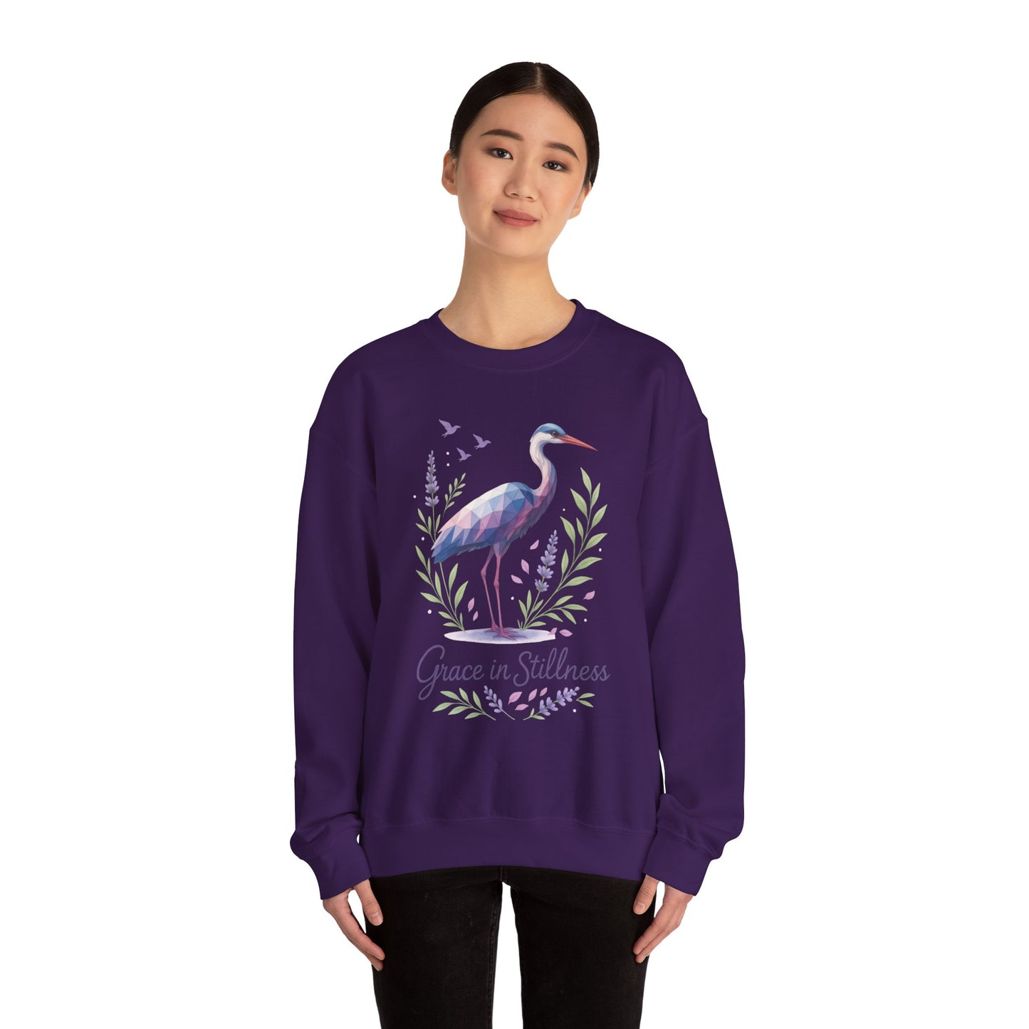 Polygonal Heron Graphic Sweatshirt, Women's Artistic Bird Crewneck, Nature-Inspired Minimalist Design, Geometric Crane, Bird Lovers Gift
