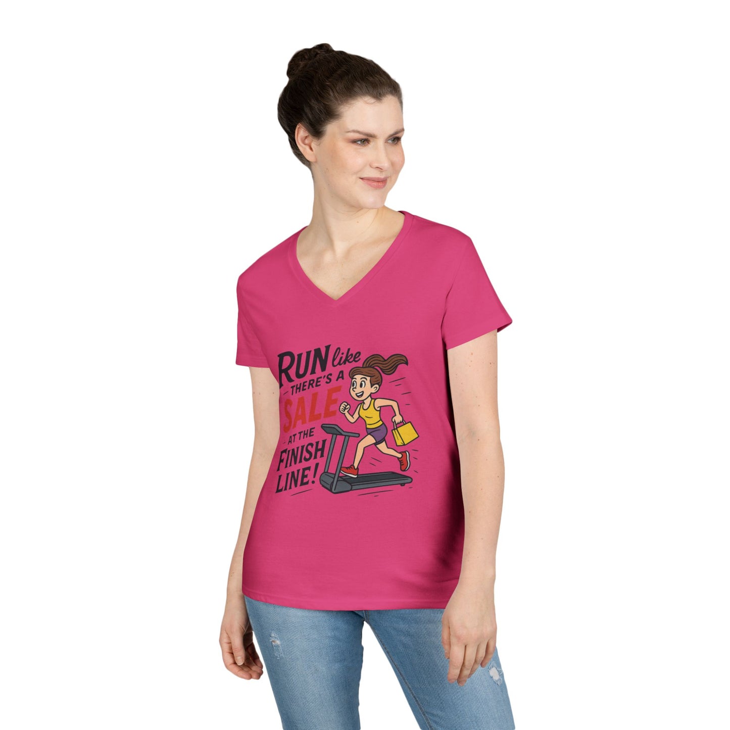 Ladies' V-Neck T-Shirt, Motivational Fitness Tee, Funny Gym Top, Funny Shopping Tee, Treadmill Runner Shirt for Her, For Sale Tee