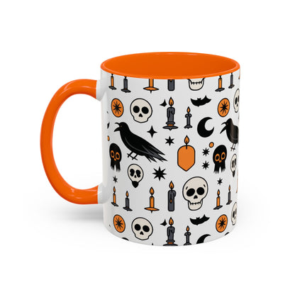 Gothic Halloween Mug, Skull, Candle - Raven Pattern Coffee Cup, Dark Aesthetic Spooky Gift for Her or Him, Accent Coffee Mug (11, 15oz)