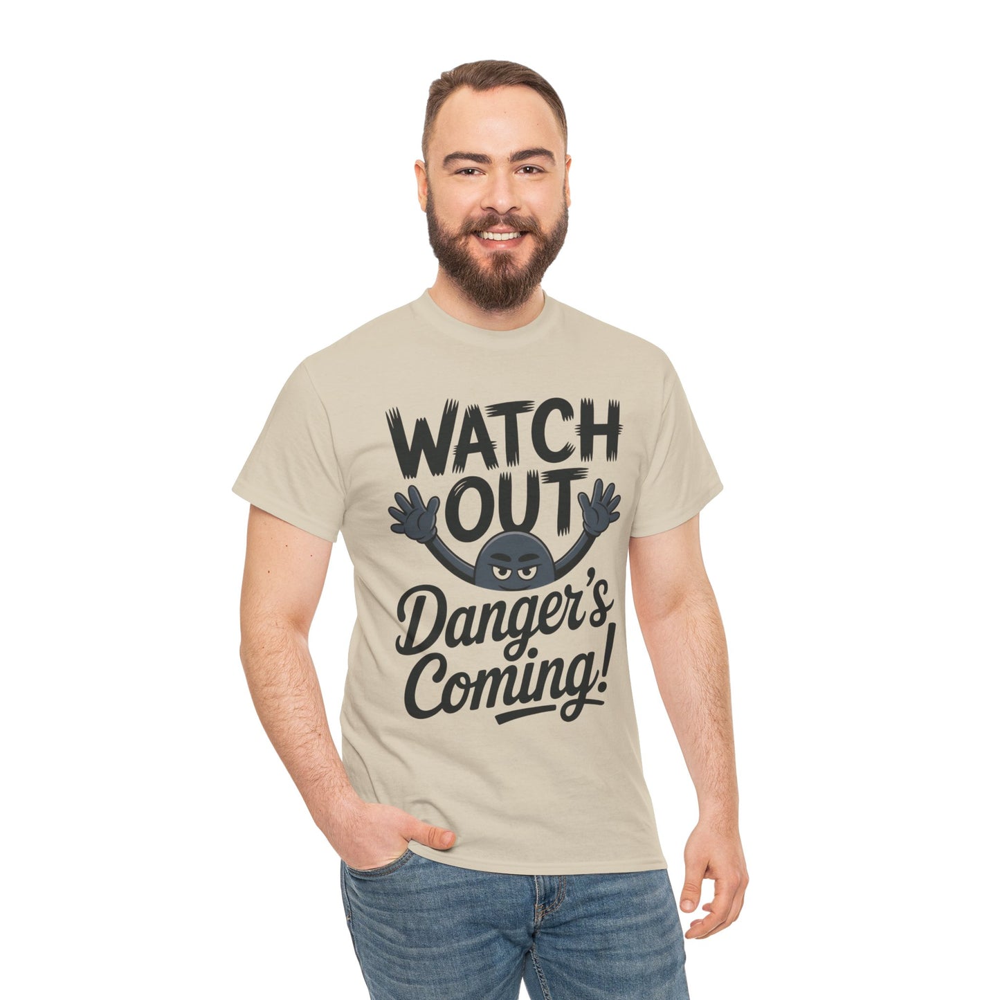 Funny "Watch Out" Cartoon Character T-Shirt, Sketch Style Unisex Heavy Cotton Tee, Minimalist Humorous Graphic Tee, Gift for Him/Her