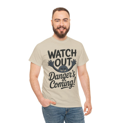 Funny "Watch Out" Cartoon Character T-Shirt, Sketch Style Unisex Heavy Cotton Tee, Minimalist Humorous Graphic Tee, Gift for Him/Her