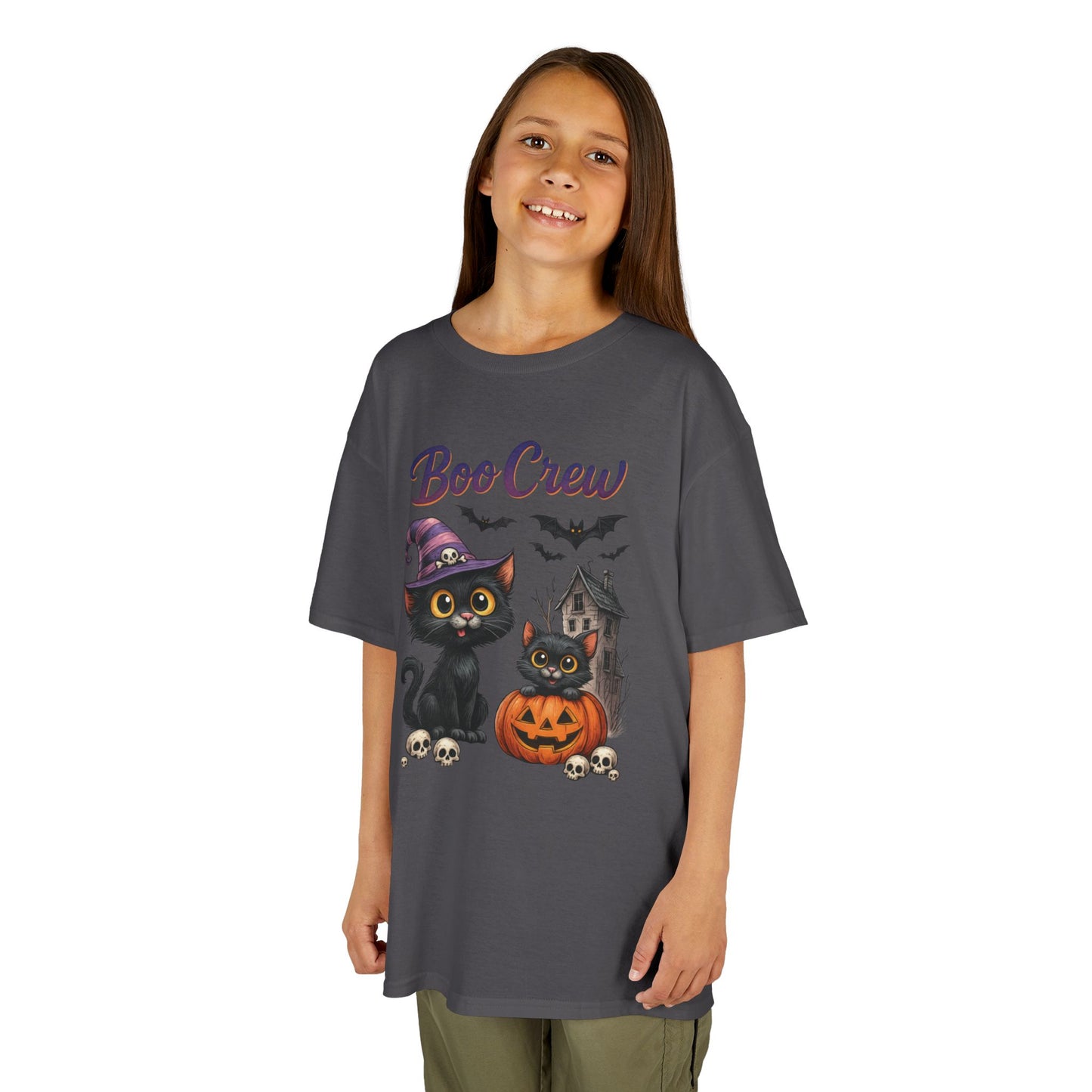 Boo Crew Kids Halloween T-Shirt, Cute Black Cats Pumpkin Design, Fun Spooky Shirt for Girls Boys