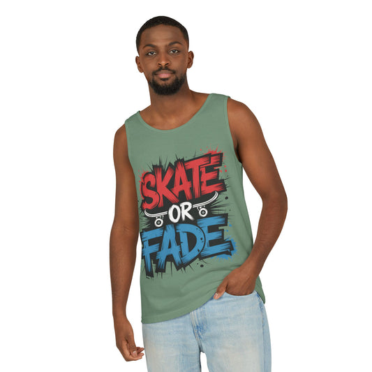 Skate Or Fade Men's Tank Top, Graffiti Skateboard Graphic Muscle Shirt, Urban Streetwear Sleeveless Top, Men's Garment-Dyed Tank Top