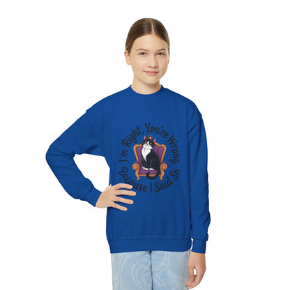 Youth Crewneck Sweatshirt, Funny Cat Sweatshirt for Girls, Im Right Youre Wrong, Tween Girl Attitude Pullover, Cute Gift for Cat Lovers