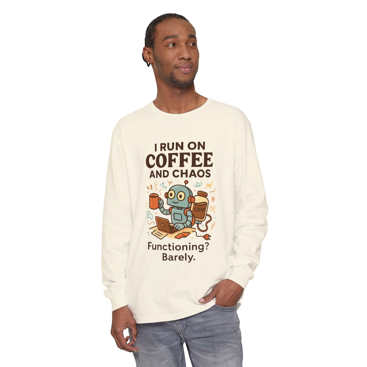 Coffee Chaos Long Sleeve Tee, Funny T-Shirt, Quirky Gift for Coffee Lovers, Unisex Top for Busy Lives, Work from Home Humor Tee