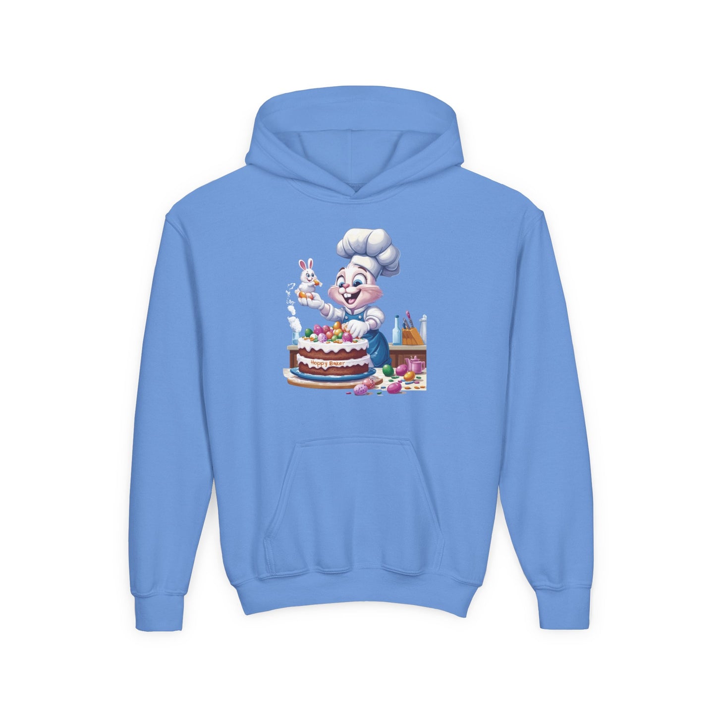 Hoppy Baker Easter Bunny Kids Hoodie - Cute Chef Bunny with Cake Design, Fun Spring Sweatshirt, Colorful Holiday Gift for Children