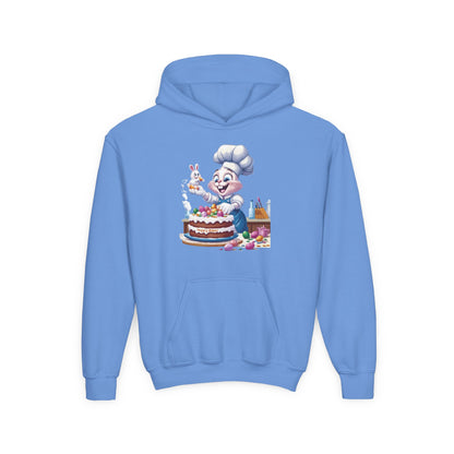 Hoppy Baker Easter Bunny Kids Hoodie - Cute Chef Bunny with Cake Design, Fun Spring Sweatshirt, Colorful Holiday Gift for Children
