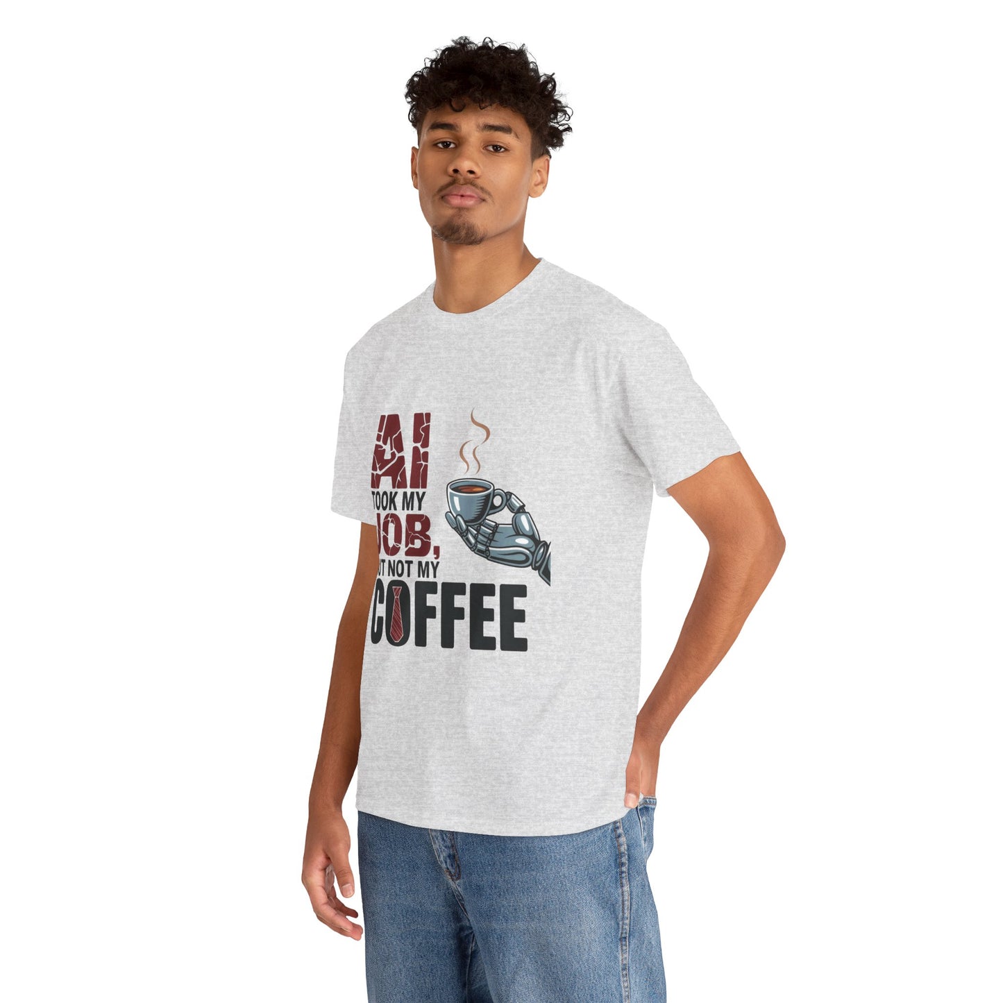 Men's AI Coffee T-Shirt, Funny Robot Humor Graphic Tee, Geek Job Joke Shirt for Him, Men's Heavy Cotton Tee, Sarcastic Work Shirt