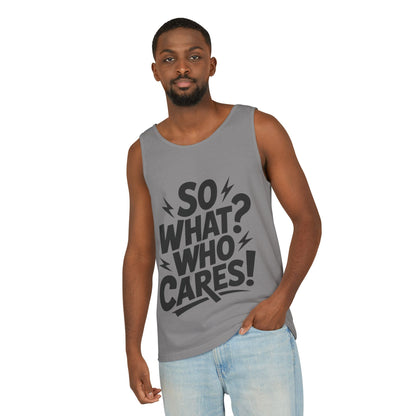 Mens Tank Top, "So What? Who Cares!", Casual Summer Wear, Beach Trip, Festival Outfit, Lightning Print, Sarcastic Summer Tee, Gym Tank