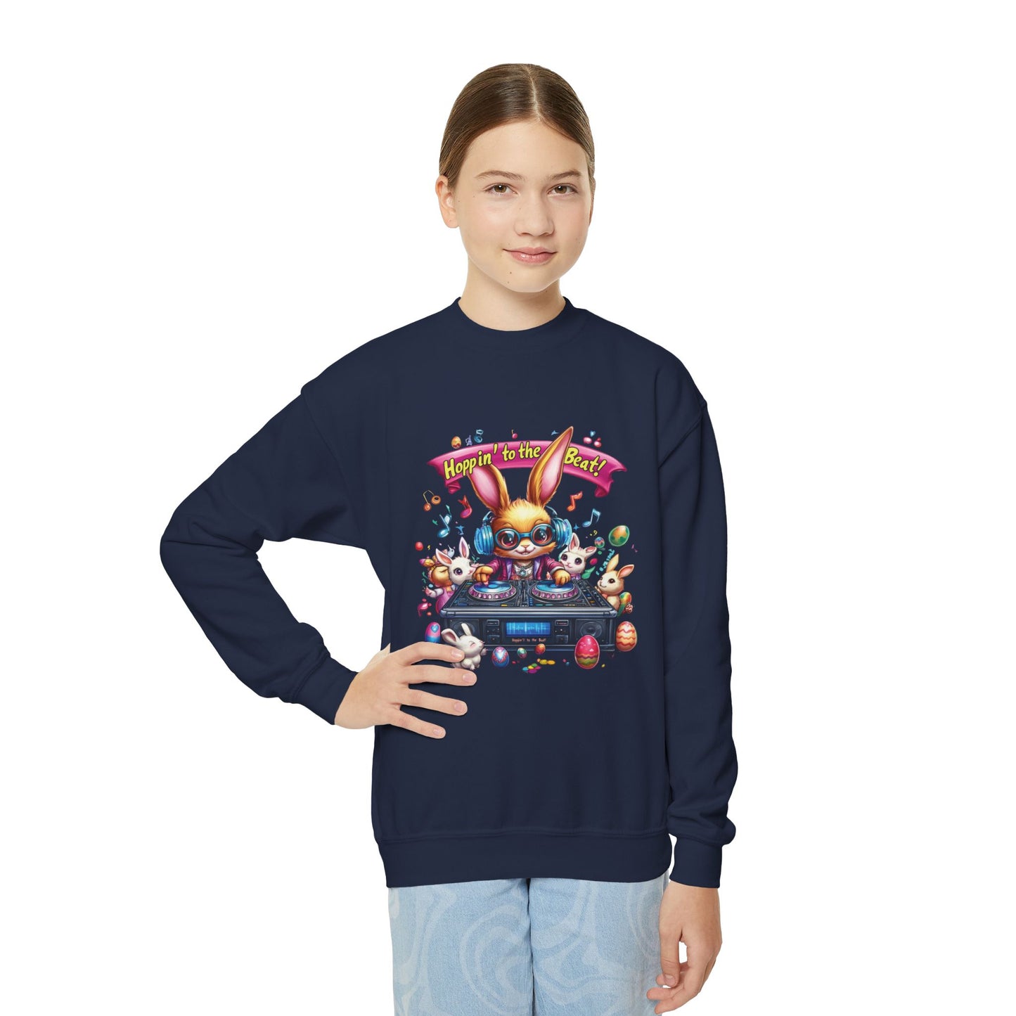 DJ Bunny Easter Kids Sweatshirt - Fun Music Bunny Crewneck for Spring, Hoppin' to the Beat Design, Cute Gift for Easter & Parties