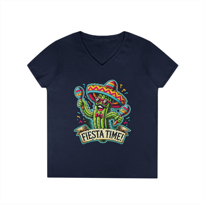 Fiesta Time Cactus Ladies' V-Neck T-Shirt, Funny Sombrero Mexican Party Tee, Cinco de Mayo Gift Idea, Fun Summer Tee, Party Wear