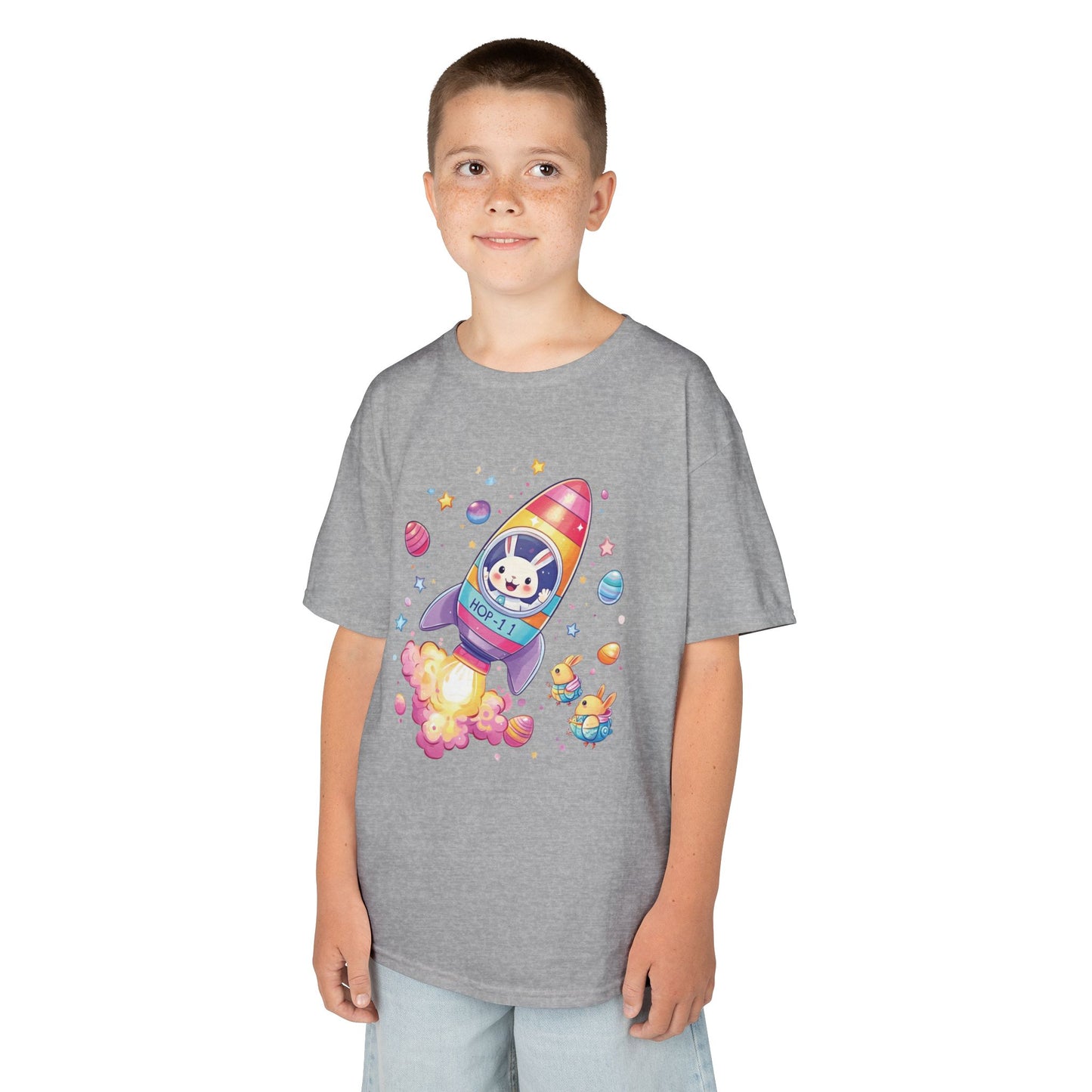 Easter Astronaut Bunny Kids T-Shirt - Cute Space Rocket Bunny with Colorful Eggs, Fun Spring Tee for Boys and Girls, Holiday Gift Idea
