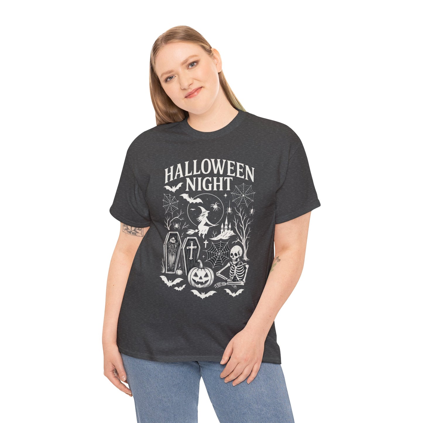 Halloween Night Women's T-Shirt, Gothic Witch Skeleton Pumpkin Tee, Spooky Scary Shirt for Halloween Party