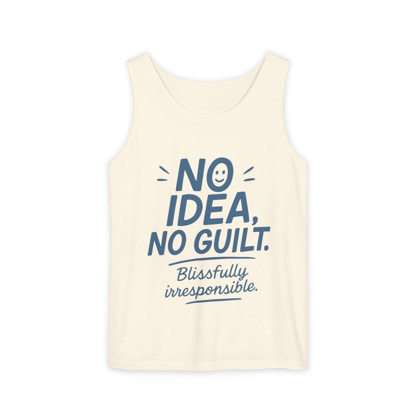 Womens No Guilt Tank Top, No Idea Funny Quote, Blissfully Irresponsible Workout Tee, Casual Sleeveless Top, Summer Activewear, Relaxed Style