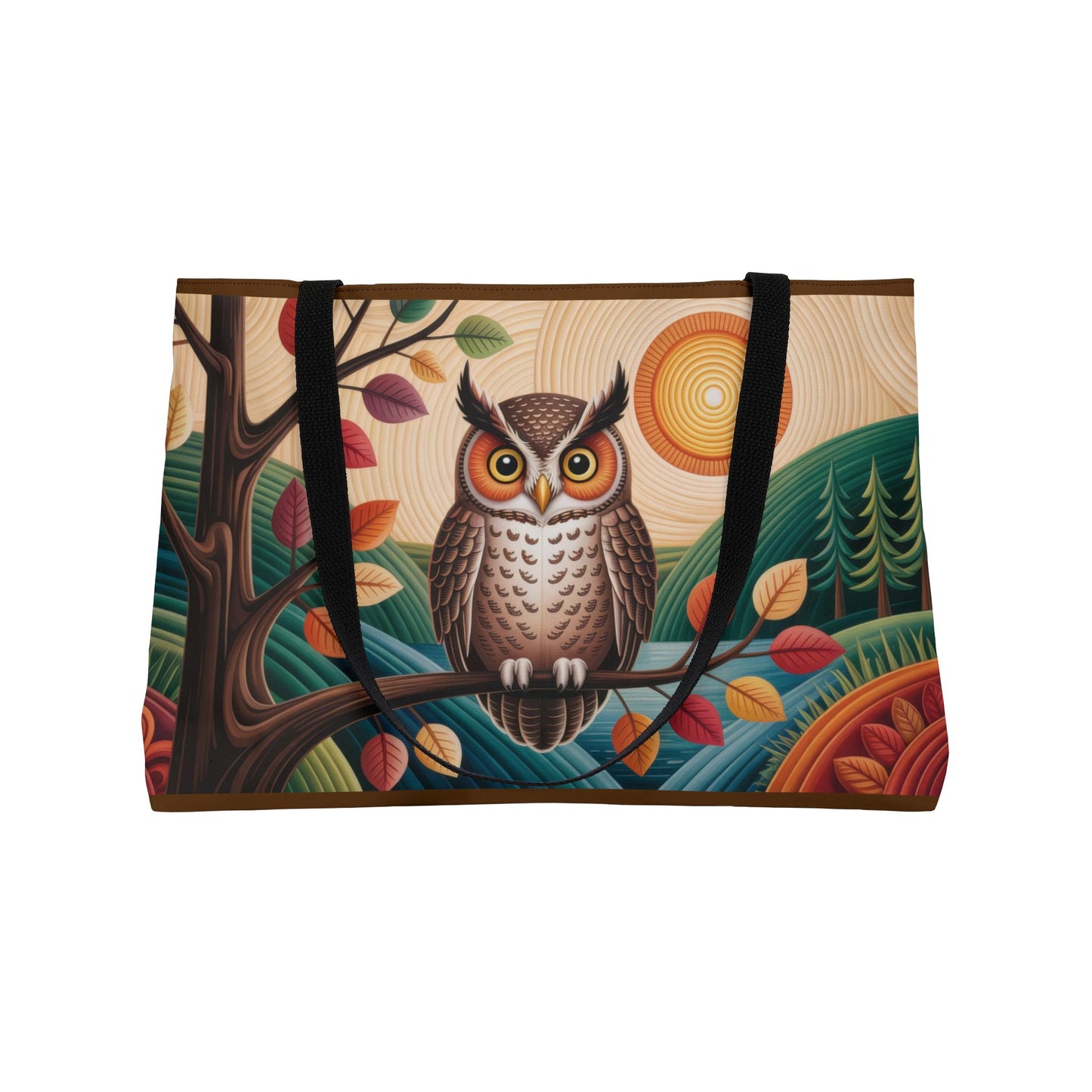 Owl Weekender Bag, Autumn Forest Art Tote, Large Travel Bag with Colorful Fall Leaves, Boho Woodland Gift, Boho Beach Bag