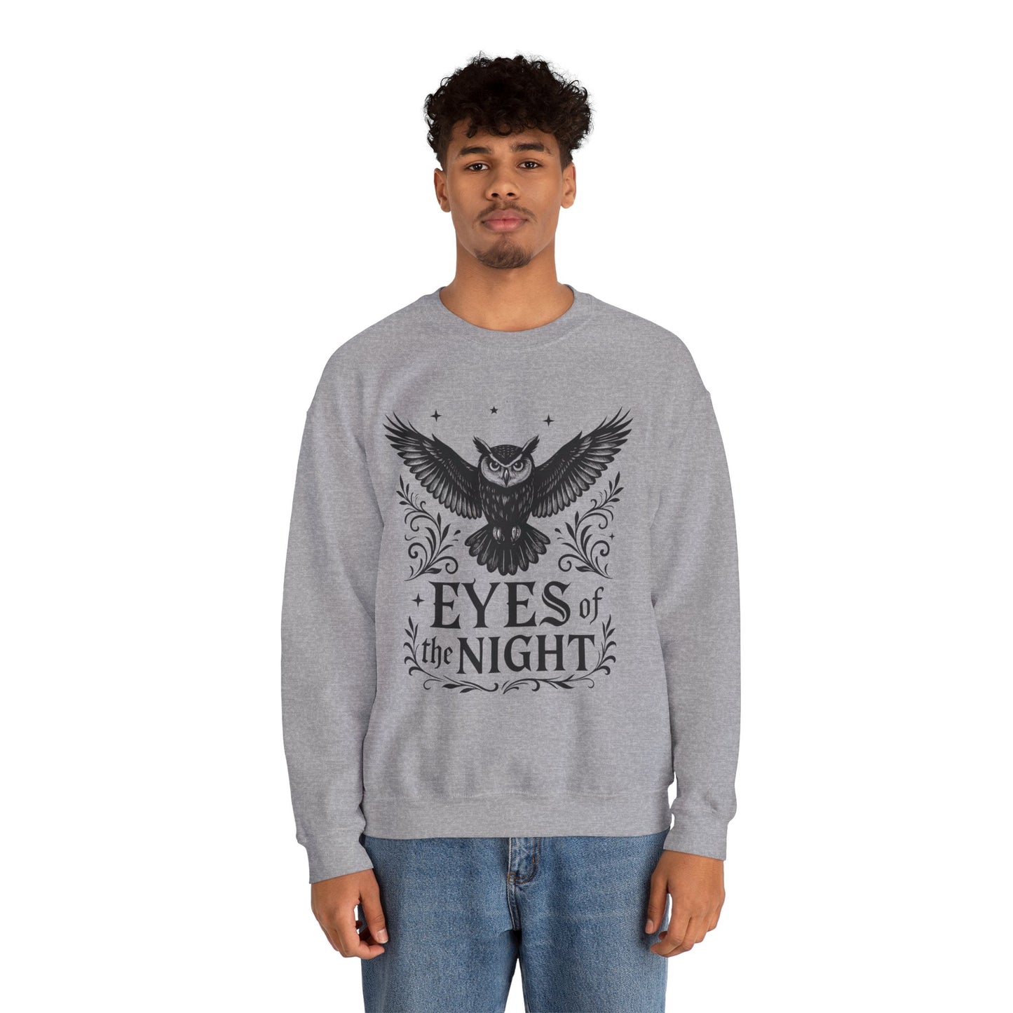 Eyes of the Night Owl Sweatshirt, Mens Dark Gothic Sweatshirt, Mysterious Owl Graphic Pullover, Forest Bird of Night Design, Halloween Gift