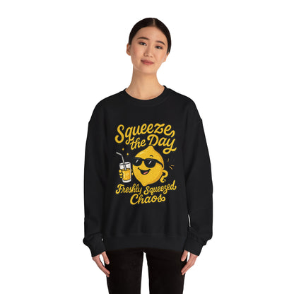 Funny Lemon Womens Sweatshirt - Squeeze The Day Freshly Squeezed Chaos Cozy Pullover - Citrus Positive Crewneck Sweatshirt, Cheerful Fashion